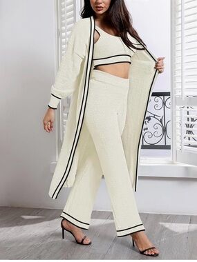 NWOT Women’s khaki fuzzy 3-Piece Lounge Set with Black Trim cardigan, top, pants